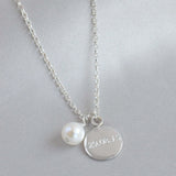 The Silver Stable- Handcrafted British Jewellery Personalised Pearl Necklace with Engraved Silver Disc necklace