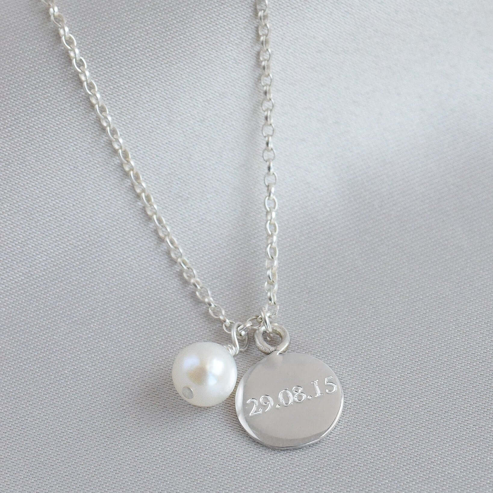 The Silver Stable- Handcrafted British Jewellery Personalised Pearl Necklace with Engraved Silver Disc necklace