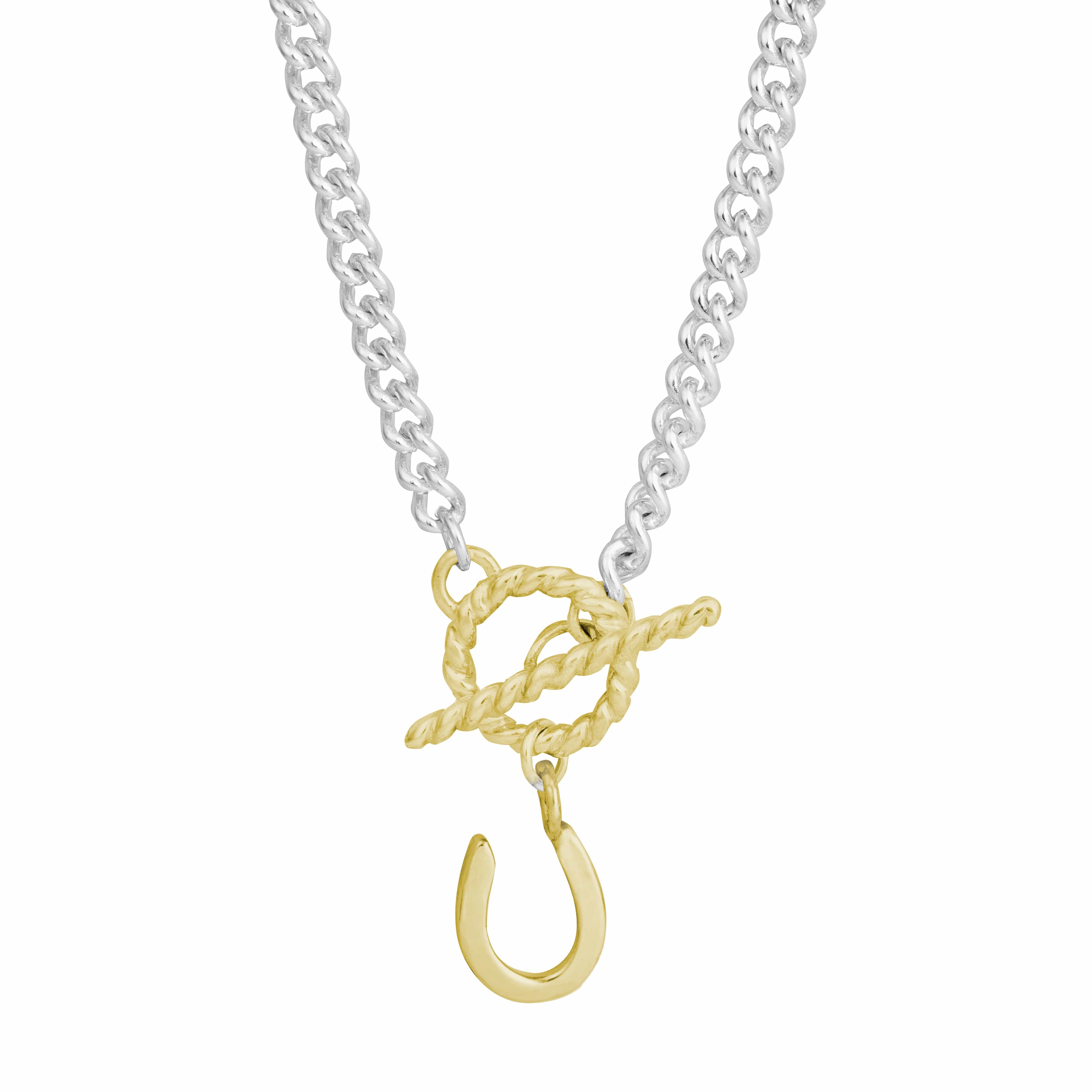 The Silver Stable- Handcrafted British Jewellery Silver & Gold T-Bar Necklace with Horseshoe charm necklace
